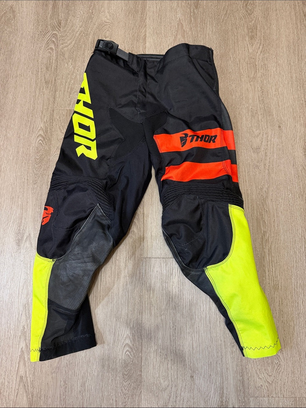 thor Black Motocross Pants with Neon Yellow & Orange-Red Stripes
